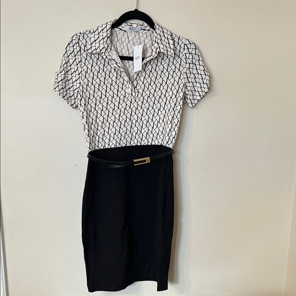 Suzy Shier Black and White Dress With Belt